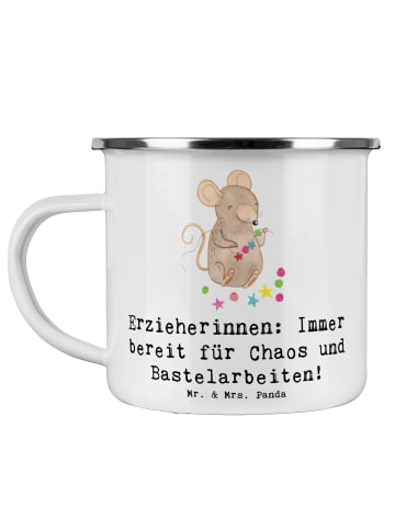 Mr. & Mrs. Panda Camping Emaille Tasse Erzieherin Chaos mit Spruch in Weiß