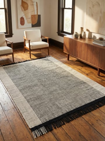KADIMA DESIGN Teppich Wolle, Korbmuster, Handgewebt, Fransig in Schwarz-Weiß