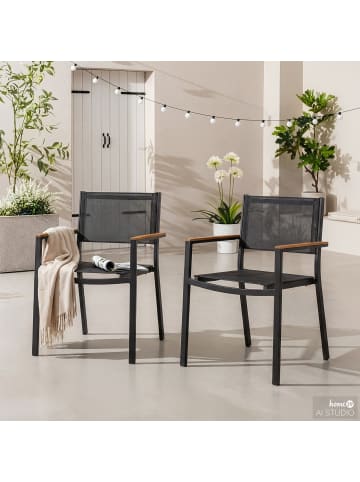 home24 Gartenstuhl Daly mit Gitterstoff 2er-Set in Braun / Schwarz