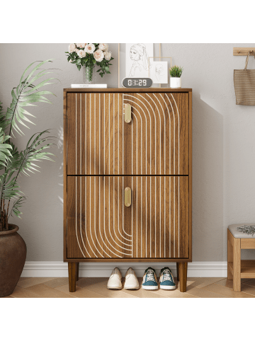 ABRIHOME Schuhschrank in Weiß 60x30x100 cm mit 2 Klappschubladen Rillendesign für Flur