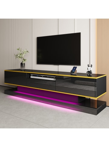 ABRIHOME Schwarzer LED TV-Schrank mit 3 Schubladen und offenem Fach