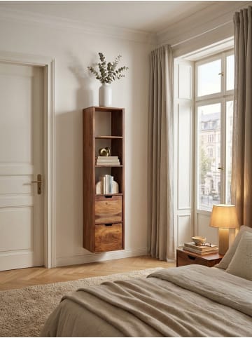 KADIMA DESIGN "Zephyr" Wandregal, Sheesham Massivholz, 5 Ablagefächer, 2 Schubladen