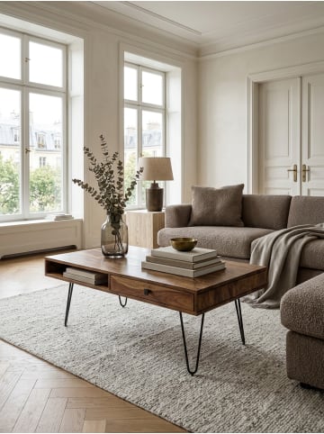 KADIMA DESIGN Couchtisch Sheesham | Schubfächer, Metallfüße, Massiv in Braun