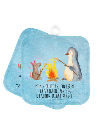 Mr. & Mrs. Panda 2er Set Topflappen  Pinguin Lagerfeuer mit Spruch in Eisblau