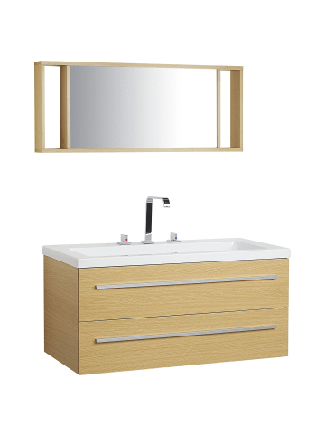 Beliani 3-tlg Badezimmerschrank mit Spiegel ALMERIA in Beige/Weiß/Silber