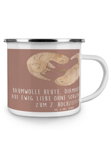 Mr. & Mrs. Panda Camping Emaille Tasse 2. Hochzeitstag Baumwollh... in Braun Pastell