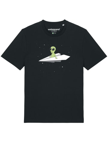 wat? Apparel T-Shirt Alien on a paper plane in Schwarz