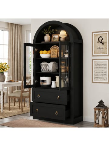 ABRIHOME Hochschrank in Schwarz 80x36x170 cm mit Schubladen Glastüren Bogen Design