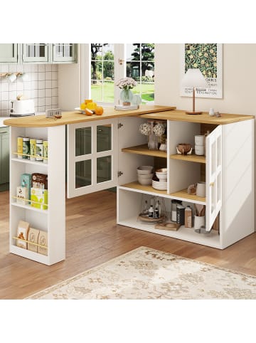 ABRIHOME Bartisch in Weiß - drehbarer Sideboardschrank mit Regalen und Glas