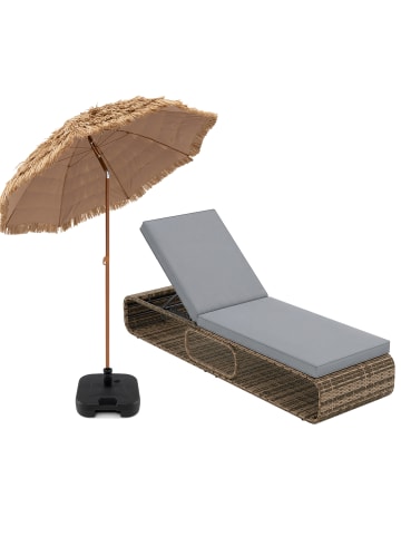 COSTWAY 3-tlg. Gartenliege mit Sonnenschirm & Schirmständer in Grau