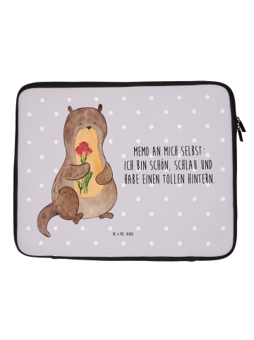 Mr. & Mrs. Panda Notebook Tasche Otter Blumenstrauß mit Spruch in Grau Pastell