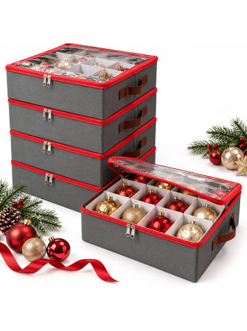 relaxdays 4 x Weihnachtskugel-Aufbewahrungsbox in Grau/ Rot - (B)33 x (H)9 x (T)33 cm