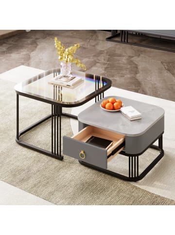 ABRIHOME Schwarzes Couchtisch-Set (2-teilig) mit Marmor-Glasplatte und Metallrahmen