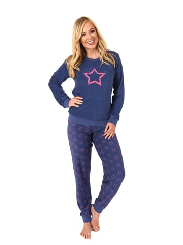 NORMANN Frottee Pyjama langarm Schlafanzug Bündchen und Sterne in blau