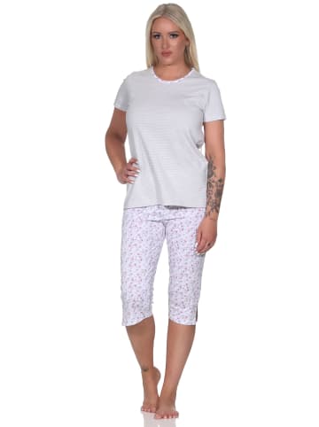 NORMANN Capri Pyjama Schlafanzug Streifen Hose & Rundhals - 79878 in grau