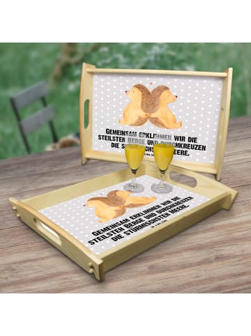 Mr. & Mrs. Panda Holztablett Igel händchenhaltend mit Spruch in Grau Pastell