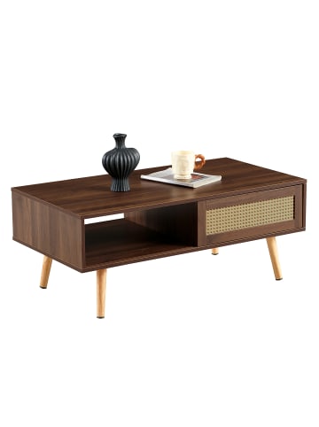 ABRIHOME Couchtisch in Braun 105x55x40 cm mit Korbgeflecht Schiebetüren Massivholzbeinen