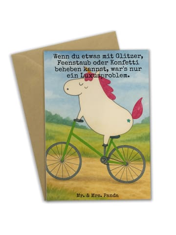 Mr. & Mrs. Panda Klappkarte Einhorn Radfahrer Design mit Spruch in Weiß