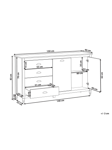 Beliani Sideboard SHILLINGTON in Weiß/Silber/Braun - (W) 150 x (H) 83 x (L) 40 cm