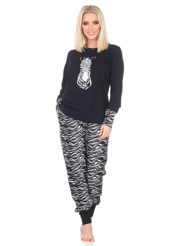 NORMANN Pyjama Schlafanzug Bündchen und Hose Animalprint in schwarz