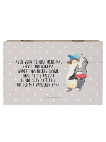 Mr. & Mrs. Panda Holzkiste Pinguin Kleine Schwester mit Spruch in Grau Pastell