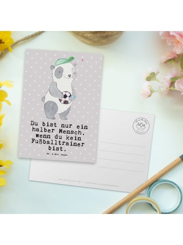 Mr. & Mrs. Panda Postkarte Fußballtrainer Herz mit Spruch in Grau Pastell