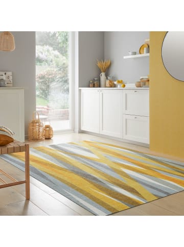 KADIMA DESIGN Teppich waschbar rutschfester Unterseite modernes Streifendesign in Ocker-Grau