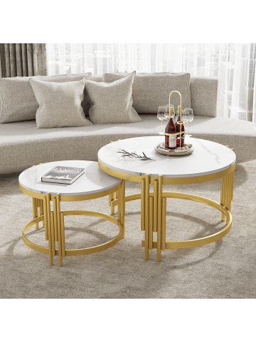 ABRIHOME Weißes Couchtisch-Set (2-teilig) mit Marmorplatten und goldenem Rahmen