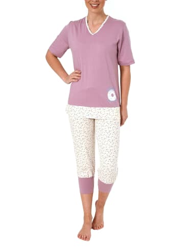 NORMANN Capri Pyjama Schlafanzug kurzarm Bündchen an Caprihose und Donut in rosa