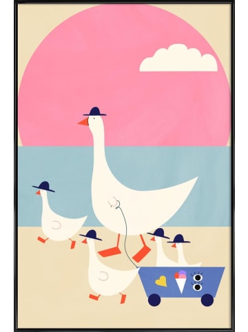 Juniqe Poster in Kunststoffrahmen "Geese on Vacation" in Blau & Rosa