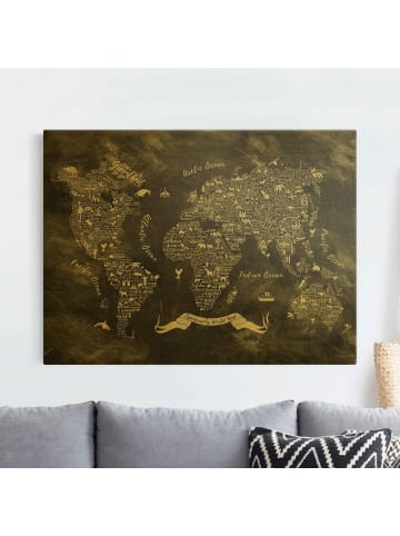WALLART Leinwandbild Gold - Kreide Typografie Weltkarte in Schwarz-Weiß