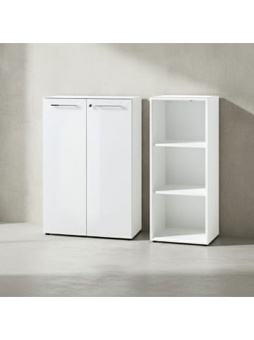 KADIMA DESIGN Büro-Set 2-tlg 120cm hoch Kommode x Regal, Glas Front in Weiß
