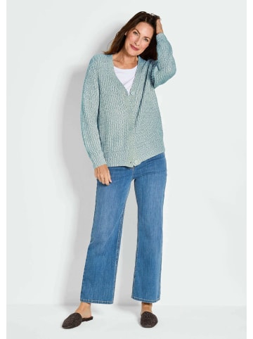 GOLDNER Kurzgröße:  Langarm Strickjacke mit V-Ausschnitt in grün / weiß / gemustert