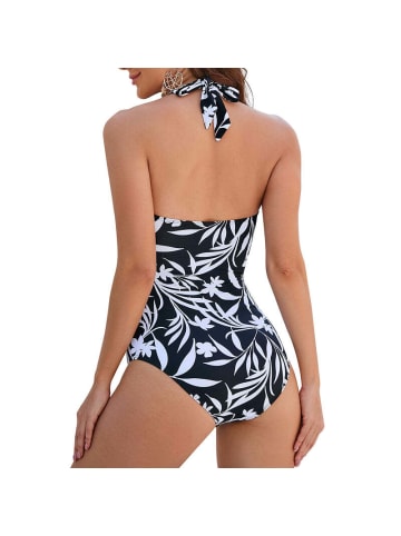 COFI 1453 Eleganter Damen Neckholder-Badeanzug mit Tiefem V-Ausschnitt in Weiß