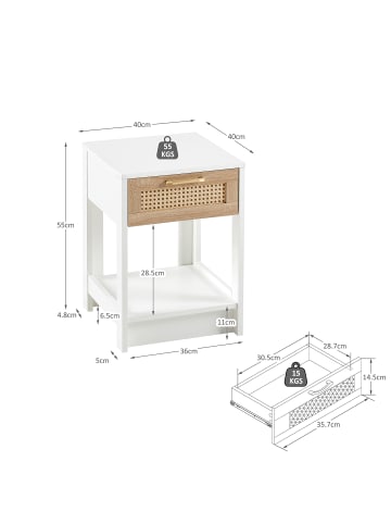 ABRIHOME Beistelltisch in Weiß Rattan 40x40x55 cm mit 1 Schublade