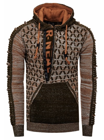 Rusty Neal 1/2 Zip Kontrast Grobstrick Kapuzen-Pullover in Khaki