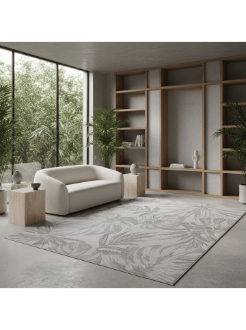 KADIMA DESIGN Teppich Outdoor Flachgewebe Tropenmuster Polypropylen Terrasse in Grau