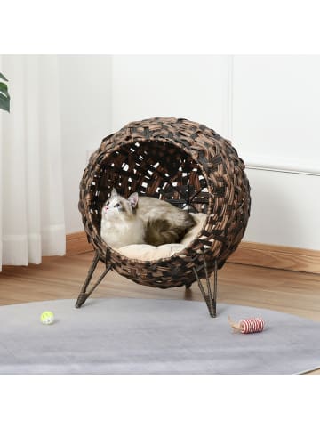 Pawhut Rattan Katzenkorb Braun Metall