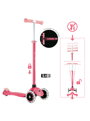 GLOBBER Scooter PRIMO PLUS GLOW LIGHTS Roller in coral pink, Leuchtrollen u. Glow-Effekt