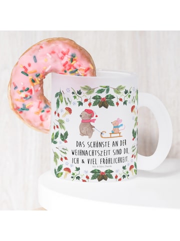 Mr. & Mrs. Panda Teetasse Glas Bär und Maus Schlitten mit Spruch in Transparent