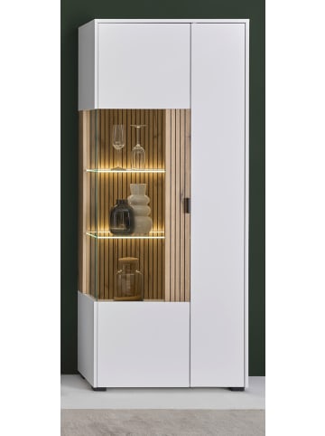 Furn.Design Vitrine weiß matt, Eiche 75 cm, Schrank 10 Fächer und Soft-Close-Funktion