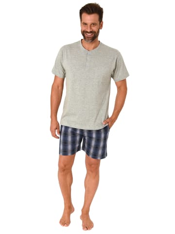NORMANN Kurzarm Schlafanzug Shorty karierter Jersey Hose - 78367 in grau