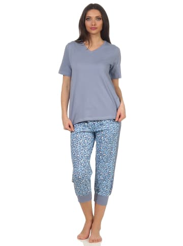 NORMANN Capri Pyjama kurzarm Caprihose seitlichen Streifen und Leomuster in blau