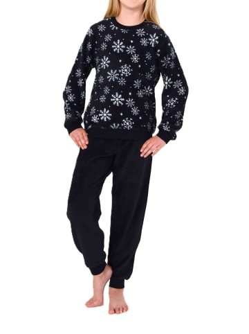 NORMANN Warmer Mädchen Schlafanzug Pyjama aus Coralfleece in navy