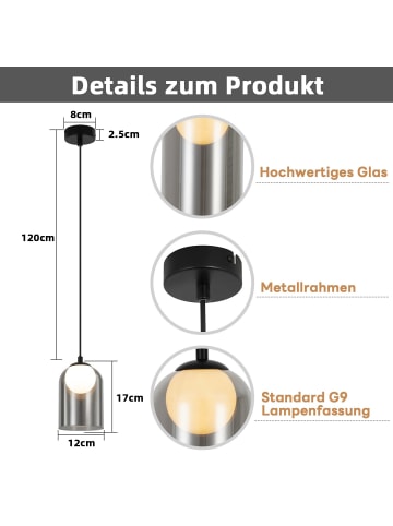 ZMH Pendelleuchte in rauchgrau Glas 1-flammige G9 Vintage H 120CM Halbkreis Design