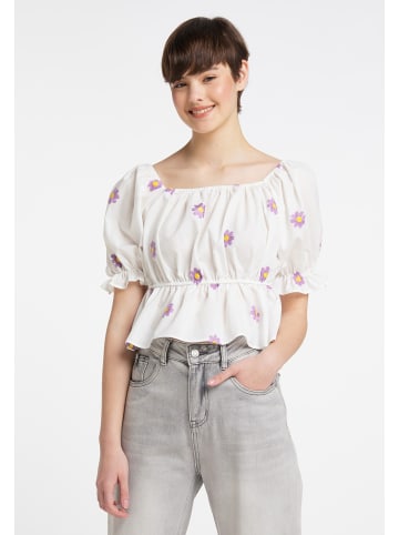 myMo Bestickte Cropped-Bluse in Weiss Helllila