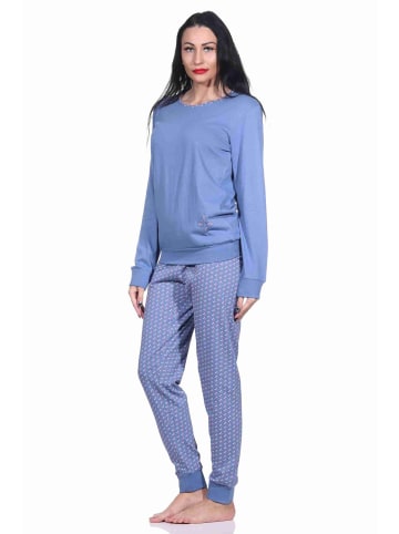 NORMANN langarm Schlafanzug Pyjama Bündchen und allover bedrucker Hose - 70616 in blau