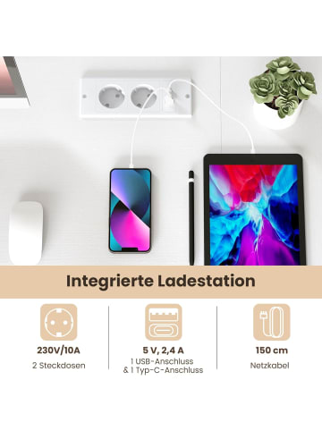 COSTWAY L-förmig Schreibtisch mit Steckdosen 131 x 106 cm in Weiß