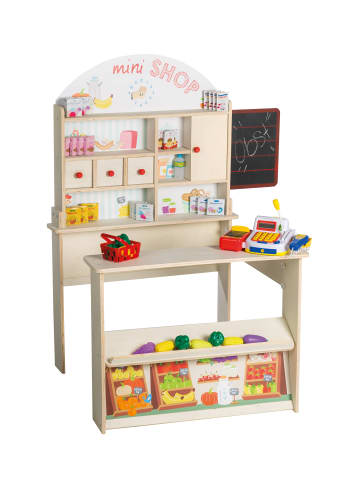 roba Kaufladen Minishop aus Holz natur mit Theke, Tafel, Schiebetür & Markstanddruck