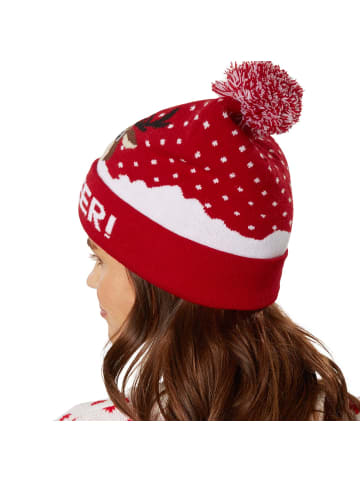 tectake Gestrickte Weihnachtsmütze mit Bommel, rot